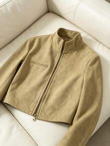 Franclia 2026 Autumn Fashion New Minimalist Street Commute Vintage Faux Suede Long Sleeve Jacket Coat For Women - Khaki - View 5