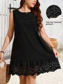 EMERY ROSE Plus Size Women Black Elegant Summer Tea Party Sleeveless Round Neck Hollow Eyelet Dress,Casual Printed Vacation Outfits Spring Dresses For Woman - Black - View 1