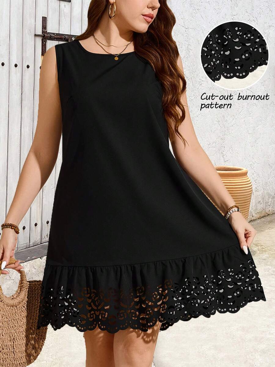 EMERY ROSE Plus Size Women Black Elegant Summer Tea Party Sleeveless Round Neck Hollow Eyelet Dress,Casual Printed Vacation Outfits Spring Dresses For Woman - Black - View 1