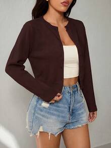 SHEIN PETITE 女款素色休閒百搭日常外出長袖開襟衫 - 棕色 - 查看 4