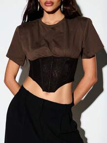 KIZN Cropped Corset T-Shirt With Lace-Up Back, Short Sleeve, Round Neck, Mesh Waist Panel, Top - Brown - View 4