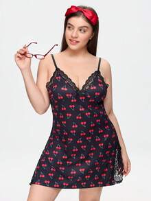 Bonmuse 1 buah Gaun Tidur Camisole Wanita Ukuran Besar Bahan Rayon Motif Ceri dengan Hiasan Renda dan Pita, Belahan Samping - Hitam - View 7
