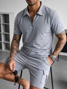 Manfinity Homme Men's Short-Sleeve Half-Zip Polo & Cargo Shorts Set With Slanted And Patch Pockets Solid-Color - Light Grey - View 5