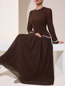 Graceveil Brown Round Neck Petal Sleeve Middle Eastern Gentle Style Sequin Wavy Hem Long Chiffon Dress - Coffee - View 7