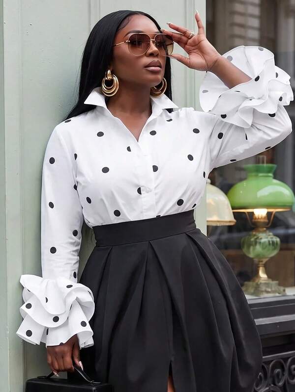 Slaydiva Plus Size Women's Polka Dot Pattern Single-Breasted Ruffle Cuff Elegant Blouse