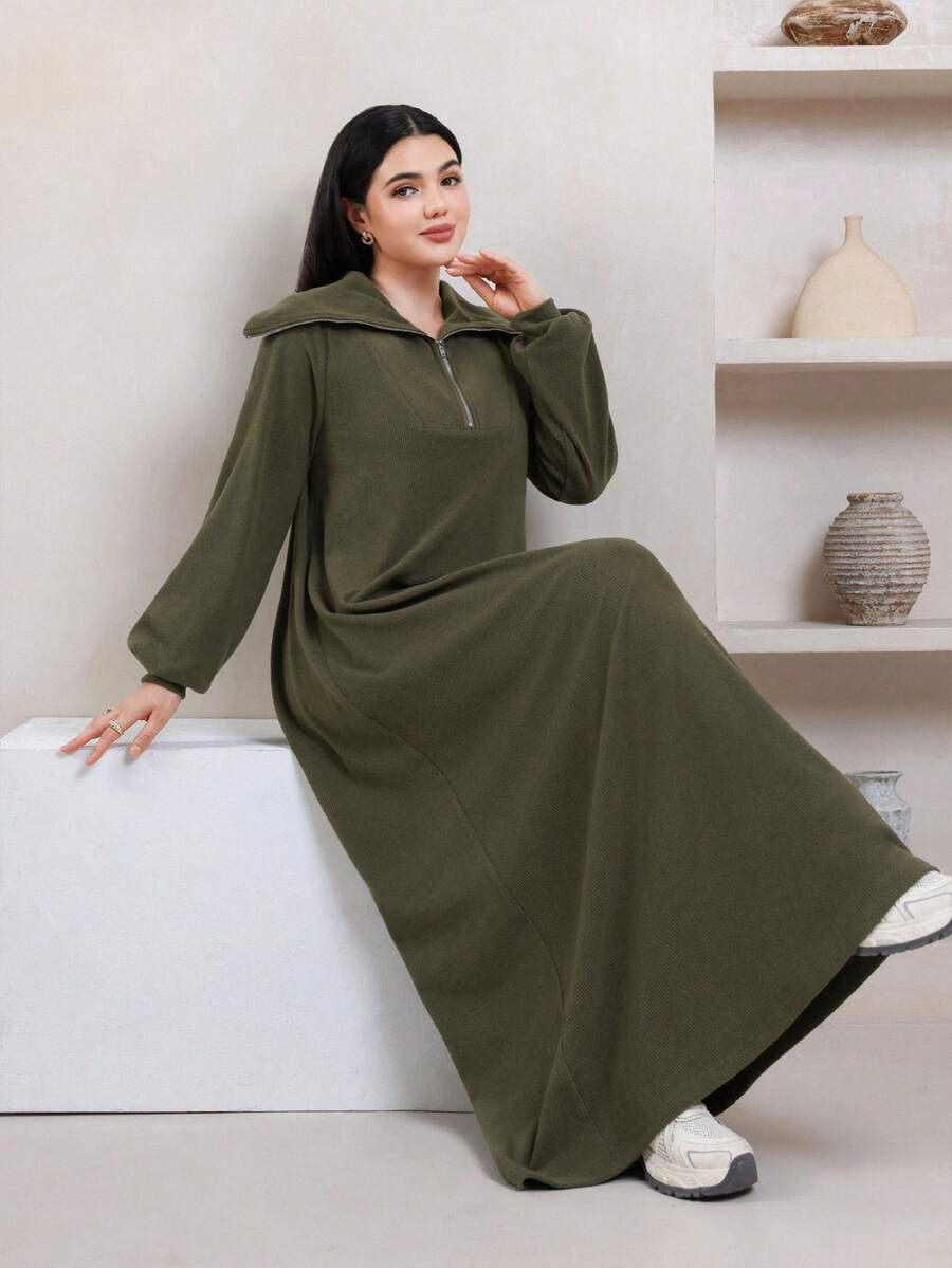 Veilorie Women's Autumn/Winter Casual Solid Color Long Green Dress - Green - View 1