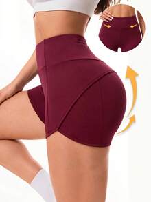 Slayform 1pc Burgundy High Waist Double Layer Women's Sports Shorts, With Zipper Pocket, Slim Fit, Suitable For Running Workout Summer - Burgundy - View 4