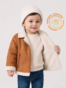 SHEIN Playful Pals Boys' Autumn/Winter Street Life Casual Motorcycle Jacket, Infant Thickened Plush Lapel Zipper Coat Children Aged 0-3Y, Toddler Holiday Club Brown - Multicolor - View 10