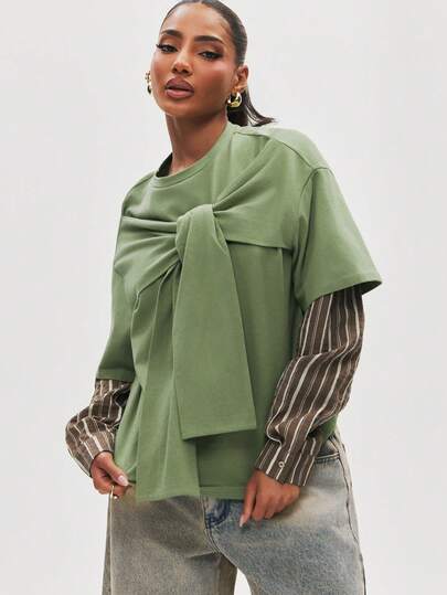 NYA SZN Top met lange mouwen, gelaagd T-shirt met strikknoop, kleurblokken, ruitjes, sexy, concert, chic, schattig, streetwear, brunch, dagelijks casual, festival, Y2K, zomer, herfst, winter