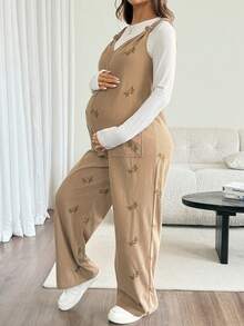 SHEIN Maternity Floral Pocket Design Casual Korsett Soft Form Overalls, Summer Family Vacation Formal - Apricot - View 6