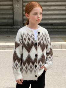 Hapijoa Tween Girl Plaid Loose Fit Autumn Sweater Top, Thick Cardigan, Colorblock Casual Knitwear Winter - Beige - View 7