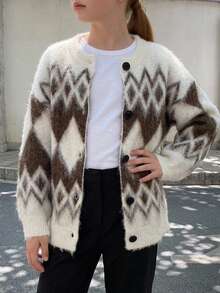 Hapijoa Tween Girl Plaid Loose Fit Autumn Sweater Top, Thick Cardigan, Colorblock Casual Knitwear Winter - Beige - View 10
