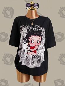 Betty Boop x SHEIN Women's Letter & Cartoon Print Casual Versatile Everyday T-Shirt - Black - View 9
