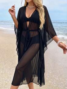 Swim Vcay Kimono Cover Up With Removable Waist Belt - Black - View 2
