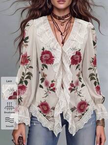 Solivie 白色花卉印花蕾絲飾邊V領上衣 - 白色 - 查看 1