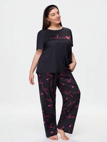 Bonmuse Cute Ins Contrast Color Valentine's Day Love Print Loose Comfortable Black Plus Size Pajama Set Curvy Pajama Sets Plus Size Sleepwear Set - Black - View 6