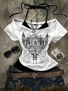 Attitoon Women's Wing Print Raglan Short Sleeve Halter Neck 2 In 1 T-Shirt - Multicolor - View 2