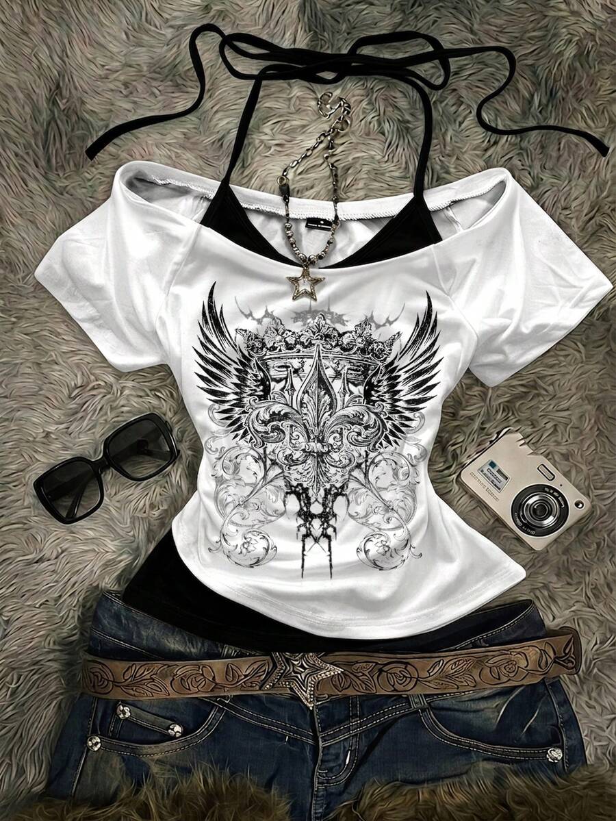 Attitoon Women's Wing Print Raglan Short Sleeve Halter Neck 2 In 1 T-Shirt - Multicolor - View 1