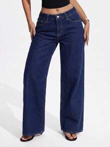 SHEIN PETITE Y2K Women's Straight Leg Denim Jeans - Dark Wash - View 7
