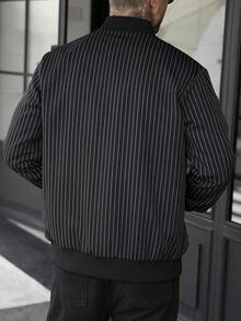 Manfinity CasualCool 男士條紋棒球領拉鍊休閒日常長袖夾克 - 黑色 - 查看 2