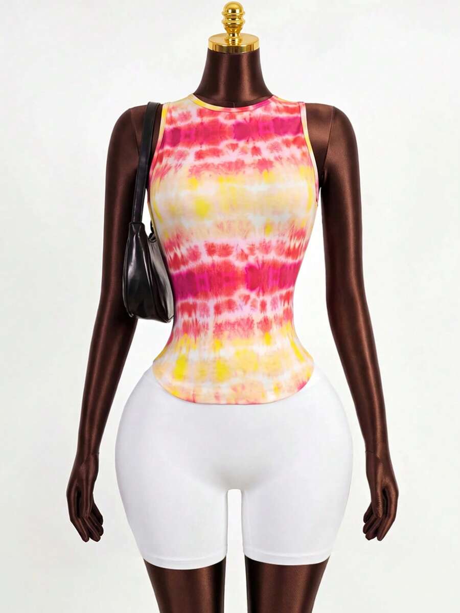 SHEIN Sports Summer Casual Y2k Athletic Athleisure Pink And Yellow Print Sports Tank Top Gym Gym Workout - Multicolor - View 1