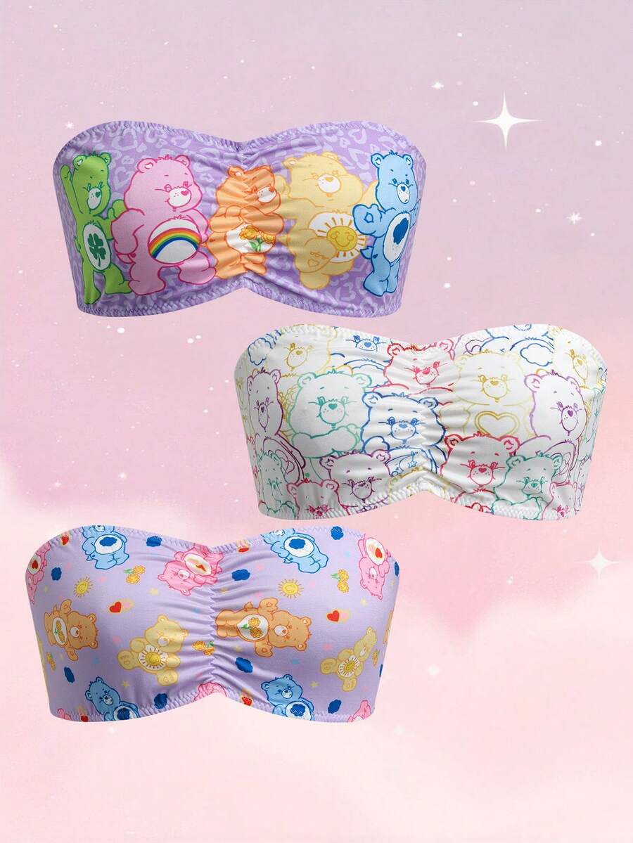 SHEIN X Care Bears 女款卡通熊印花抹胸式胸罩 - 紫色 - 查看 1