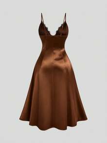 Sweetra Premium Deep Brown Satin Slip Dress With Black Lace V-Neck, Fitted Draped Mid-Length Sexy Dress - Brown - View 2