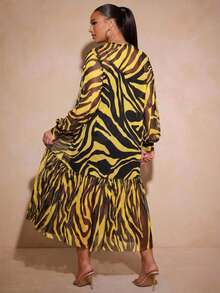 Vixey Tulle Ruffle Hem Sheer Mesh Balloon Sleeve Tunic Top Fall - Yellow - View 2