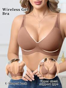 SHEIN 女款無縫無鋼圈V領聚攏果凍軟支撐舒適純色網布鏤空內衣，附模杯，1件裝 - 棕色 - 查看 5