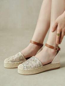 Styleloop Ladies Retro Gold Vacation Hollow Woven Pull-Up Belt Hemp Rope Platform Shoes - Gold - View 6
