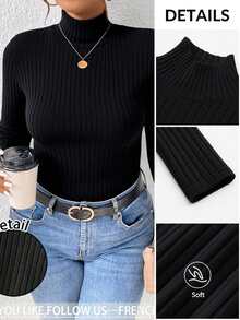 SHEIN Frenchy 大码纯色罗纹高领T恤，秋冬休闲装 - 黑色 - 查看 7