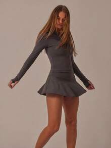 Aralina Leisurewear Zip Front Long Sleeve Top And High Waist Biker Shorts Two Pieces Set - Chocolate Brown - View 1