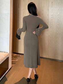 DAZY 纯色修身马蹄袖镂空女式毛衣裙，秋装 - 咖啡棕 - 查看 2