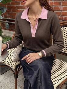 DAZY Women's Elegant Colorblock Pullover Sweater Fall - Brown - View 3