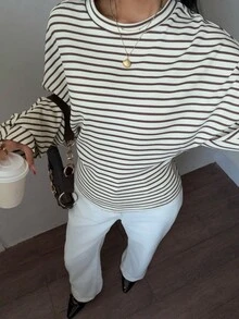 Serisse 女士休闲条纹印花蝙蝠袖修身T恤，适合日常通勤，春秋季穿着 - 棕色 - 查看 8