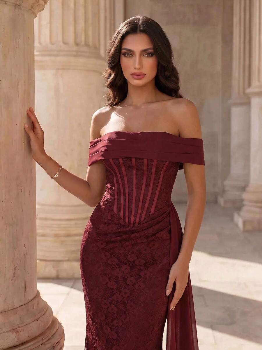 Coutiva Women's Off-Shoulder Fitted Extra Long Lace Mermaid Hem Evening Gown