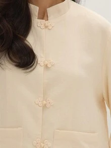 MUSEYN Cream Japanese Knot Style High Neck Crepe Jacket Sophisticated Polished Refined Everyday Office Fall New Season Capsule Wardrobe - White - View 6
