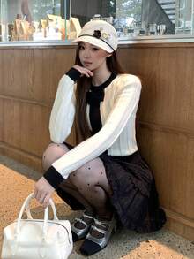 DAZY Women's Round Neck Bow Contrast Color Long Sleeve Girly Sweater Fall Cardigan - Black and White - View 4