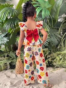 SHEIN 女童度假風可愛印花荷葉袖背心上衣 2 件套 - 彩色 - 查看 2