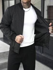 Manfinity CasualCool 男士條紋棒球領拉鍊休閒日常長袖夾克 - 黑色 - 查看 7