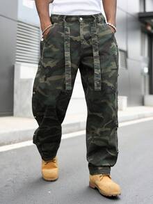 GALLERY FADE 男士街頭風休閒拼接腰帶迷彩牛仔長褲 - 軍綠色 - 查看 6