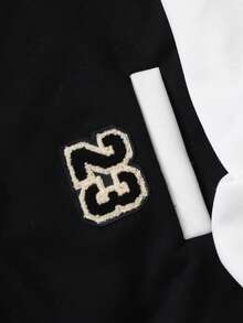 SHEIN 青少年男孩時尚休閒拼色拼接字母刺繡抓絨夾克 - 黑色 - 查看 7