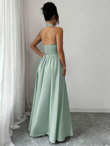 Rafferiza Elegant Sleeveless V-Neck Waist Hollow Design Pleated Dress, Purple, Spring/Summer New Arrival - Mint Green - View 2