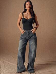 SHEIN BAE 女款極簡百搭純色連身衣，適合日常穿著 - 黑色 - 查看 3