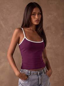 SHEIN BAE 女款拼色修身百搭休閒細肩帶背心上衣 - 紫色 - 查看 6