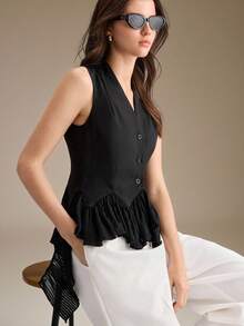 Ontre 2026 New All Season Minimalist Fashion Elegant Commute Casual Sleeveless V-Neck Cinched Waist Ruffle Trim Patchwork Button Blazer Jacket Versatile Slimming Heightening Elegant Daily Wear Commute Wear Office Wear Date Wear Fashion Wear Streetwear - Black - View 6