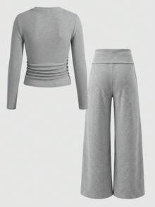 SHEIN Tween女孩 2件組休閒純色修身上衣與喇叭褲套裝，秋冬/四季穿著 - 灰色 - 查看 3