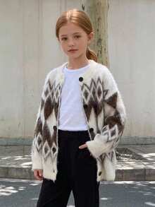 Hapijoa Tween Girl Plaid Loose Fit Autumn Sweater Top, Thick Cardigan, Colorblock Casual Knitwear Winter - Beige - View 6