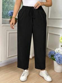 EMERY ROSE Plus Size Women's Solid Color Casual Fold-Over Ankle Pants Fall - Black - View 7
