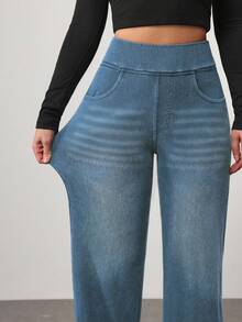 SHEIN Essnce Celana Jeans Denim Kasual Wanita Model Longgar dan Lebar dengan Saku, Warna Biru untuk Kerja dan Musim Panas - Dusty Blue - View 3